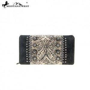 Montana West Tooled Secretary Style Wallet Black